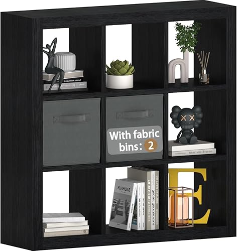 Miniatura 39 de Estantería con contenedores de almacenamiento, organizador de almacenamiento de 9 cubos, estantería de madera resistente, estante abierto para Roble