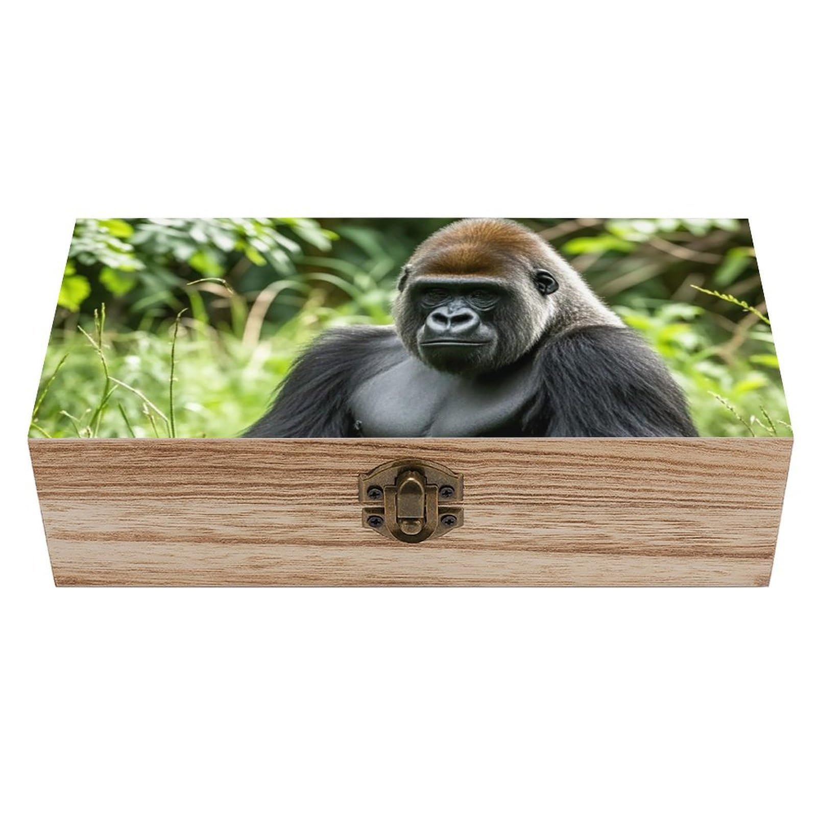 HLBSDM Gorilla in The Grass Memory Jewelry Wooden Box, Large Wooden Treasure Chest Boxes with Hinged Lid, Photos Storage Case for Women Men, Wooden Keepsake Box, 7.9'' X 3.9'' X2.3''