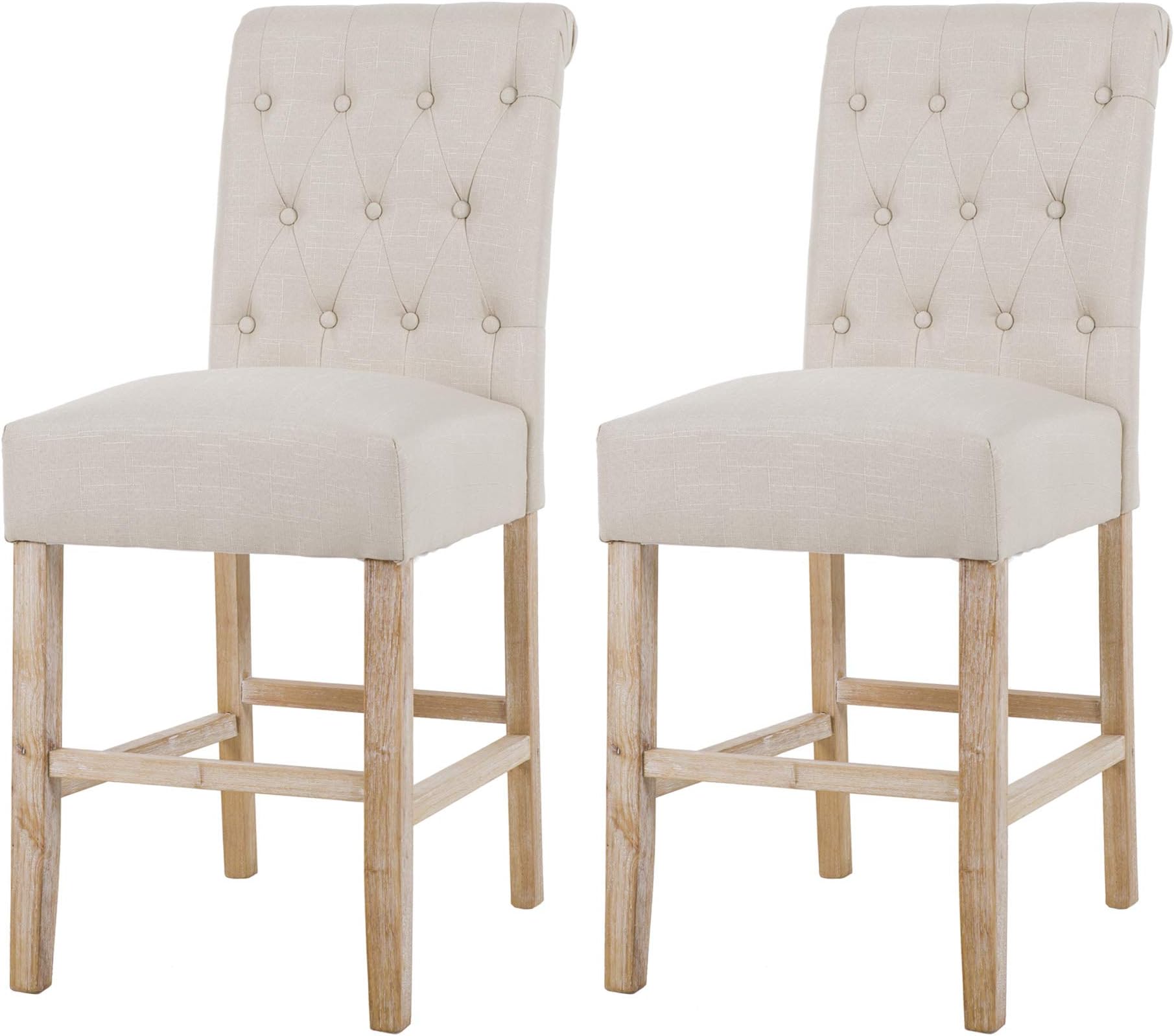 NOBPEINT Fabric Upholstered Barstool Dining Chair Solid Wood Legs 24", Tan(Set of 2)