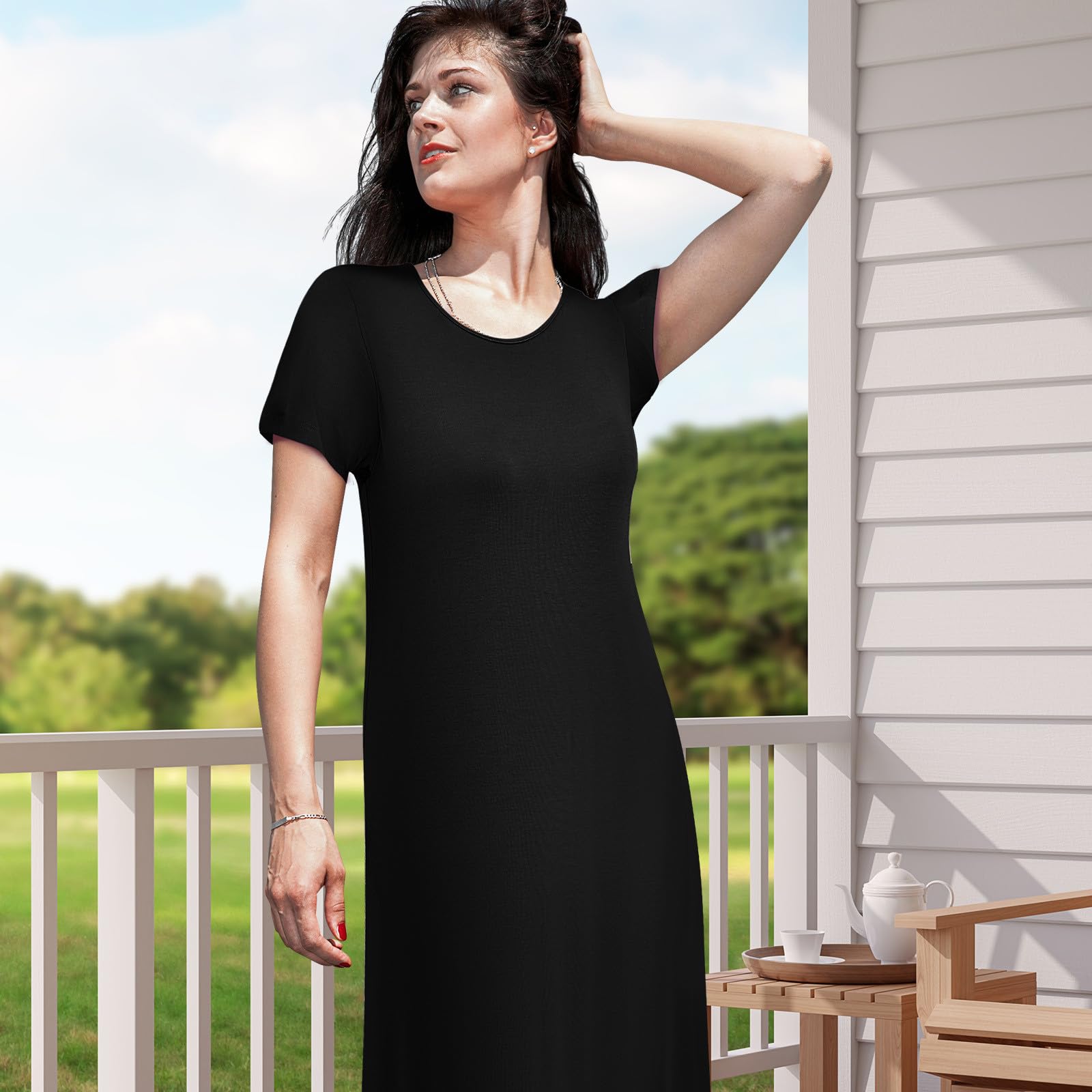 Garneck Camisón de Mujer de Manga Corta, Cuello Redondo, Holgado | Fibra Sintética Transpirable, Negro, Cómodo para Casa y Descanso, Talla Grande