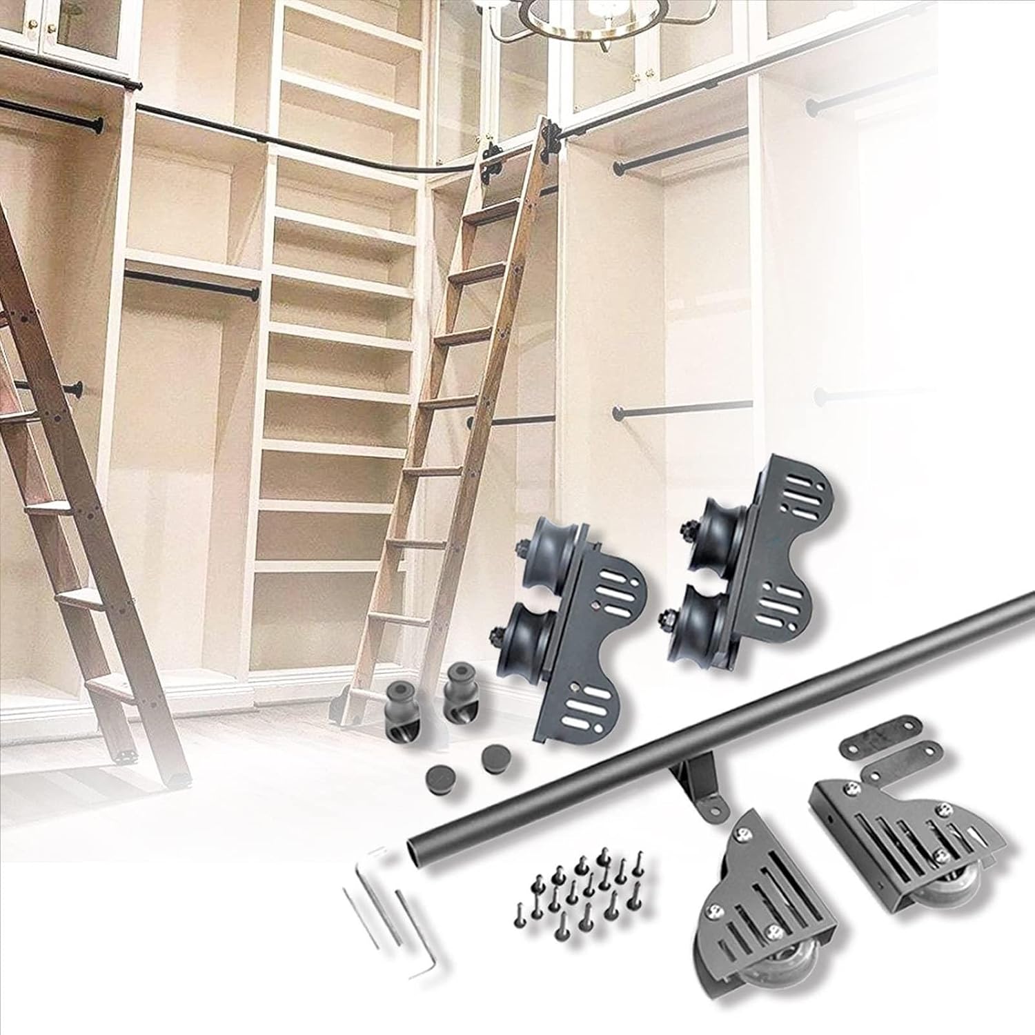 Retractable Rolling Ladder Track Bracket - Library Rolling Ladder Kit with Floor Rollers, Sliding Ladders Door Hardware Accessories, Bookcase Sliding Ladders Rails(700cm(23 ft) Track kit)