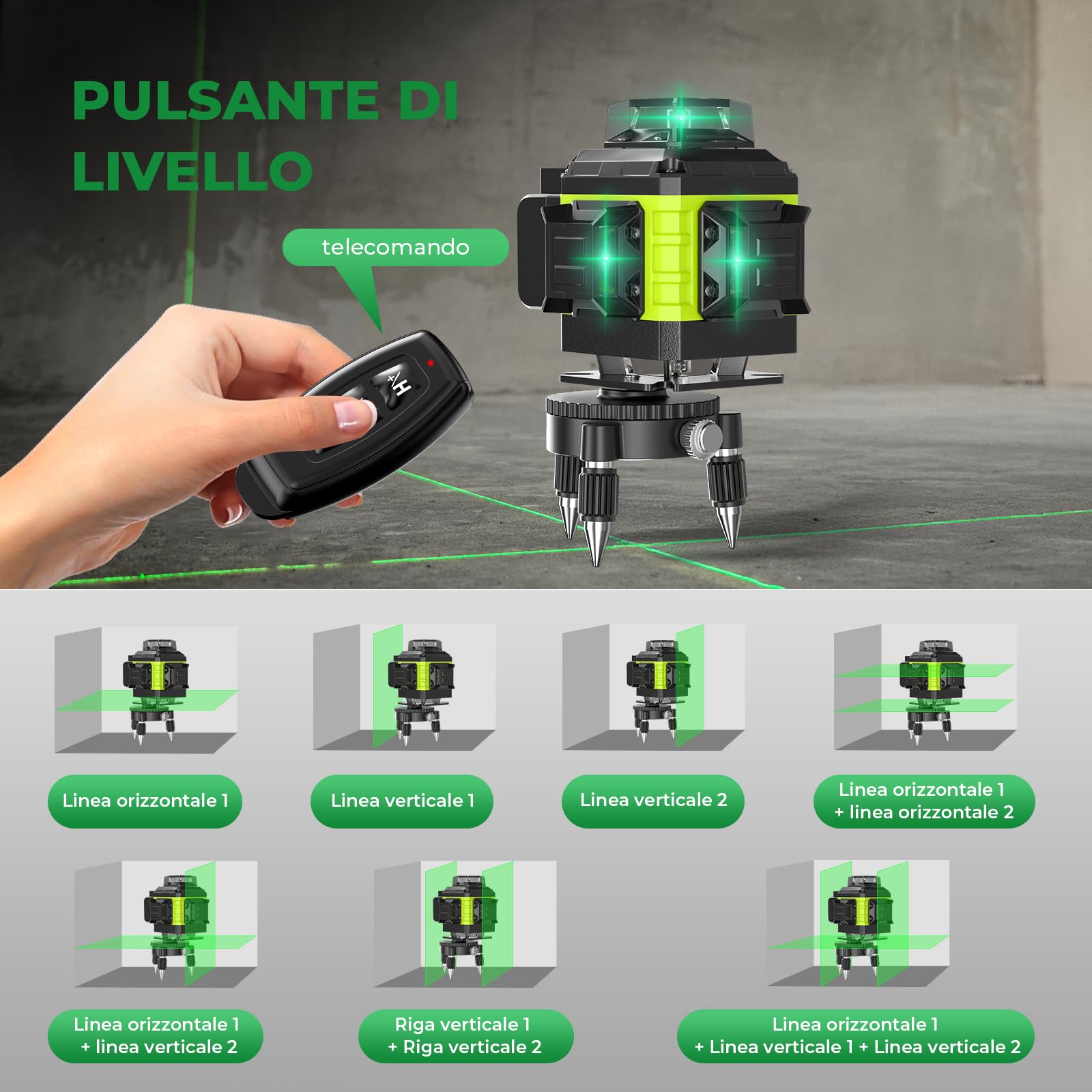 Livella Laser Autolivellante 16 Linee con Treppiede, 4 X 360 °Livello Laser Autolivellante Verde, 2 x Batterie, Autolivellante, Supporto rotante, Telecomando