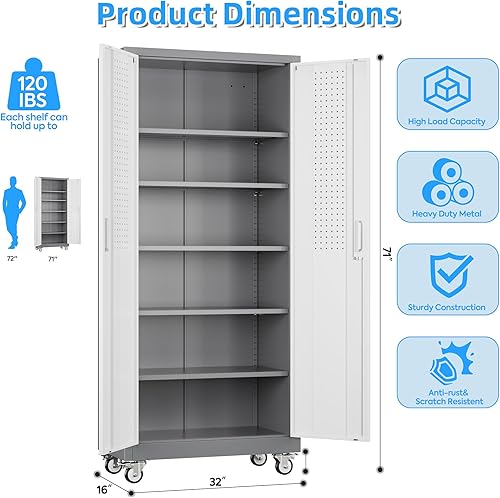 Miniatura 37 de Armario de almacenamiento de metal con tablero de clavijas de 31.5 x 31.5 x 16.5 pulgadas, armario de almacenamiento de acero con cerradura con 5