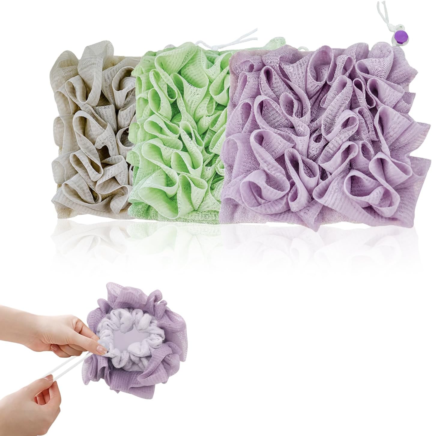 3-Pack Loofah Washcloth Combo 2-in-1, Exfoliating Soap Saver Pouch with Bar Soap Pocket