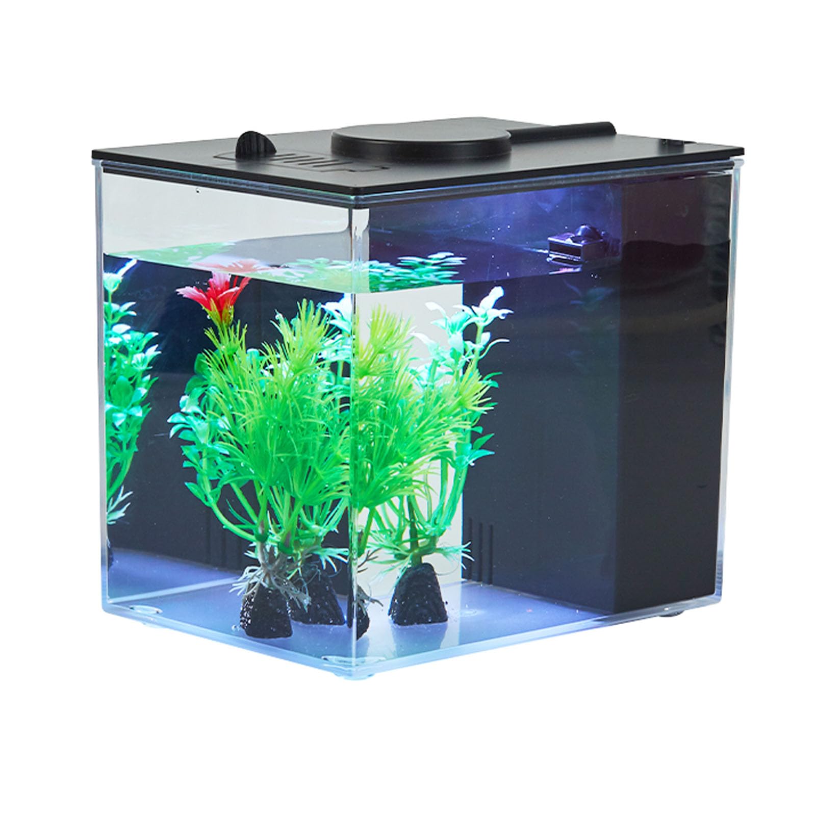 Mini Fish Tank Betta Aquarium Starter Kits Multifunctional Desktop with Switch Button LED Aquarium Kit White, 1 Gallon（Black）