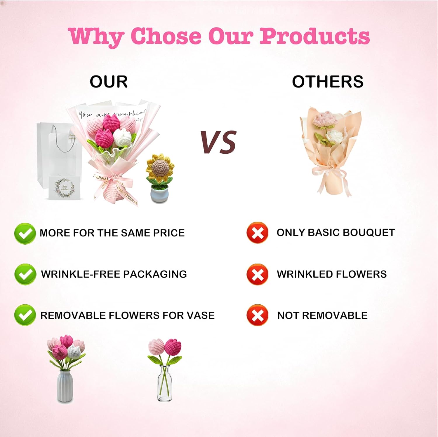 Handmade Crochet Flower Bouquet - Pink Knitted Tulips,Forever Flowers Gift for Mother's Day, Birthday, Anniversary,Graduation,Hypoallergenic Home & Desk Decor (with Sunflower)