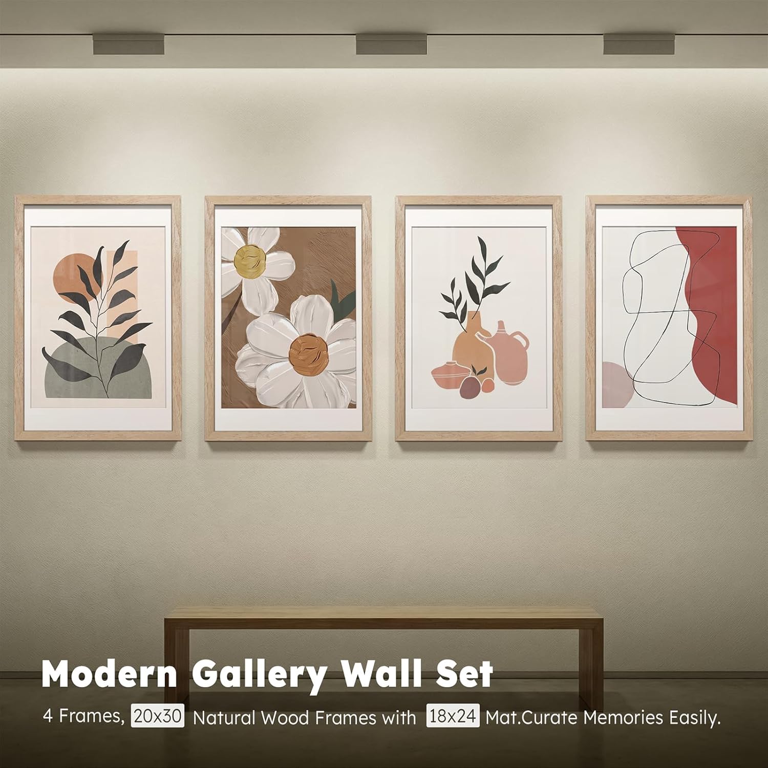 20x30 Picture Frame Set - 4 Pack, Natural Solid Wood Photo Frames - Displays Photos 18x24 with Mat or 20 x 30 without - Room, Office, Gallery, Studio, and Hallway Decor - Wall Hanging