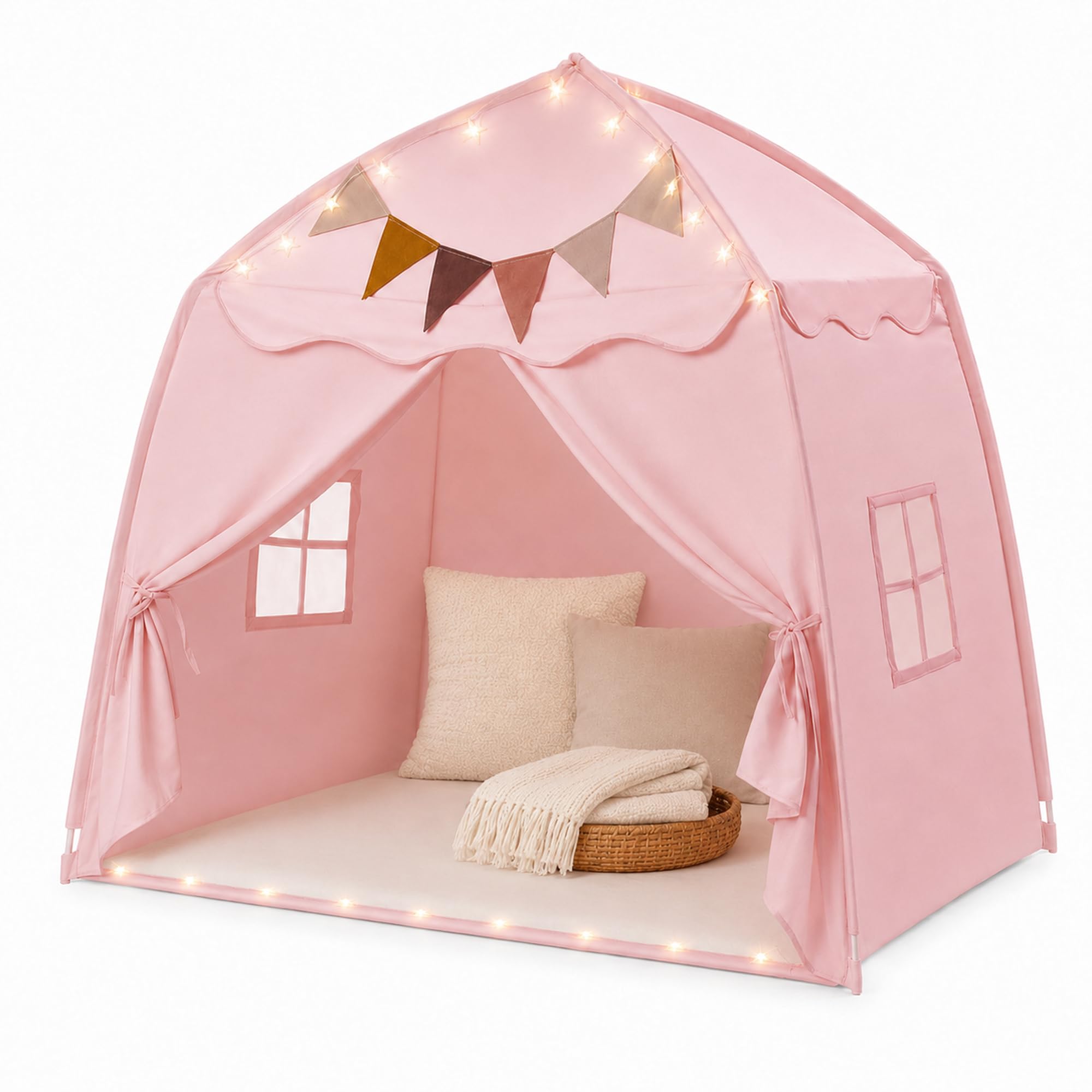 Tienda de campaña de cúpula rosa para interior y exterior, extra grande, plegable, 150 x 100 x 150 cm, tienda de campaña portátil para interior con ventanas, guirnalda de banderines y luz de estrellas