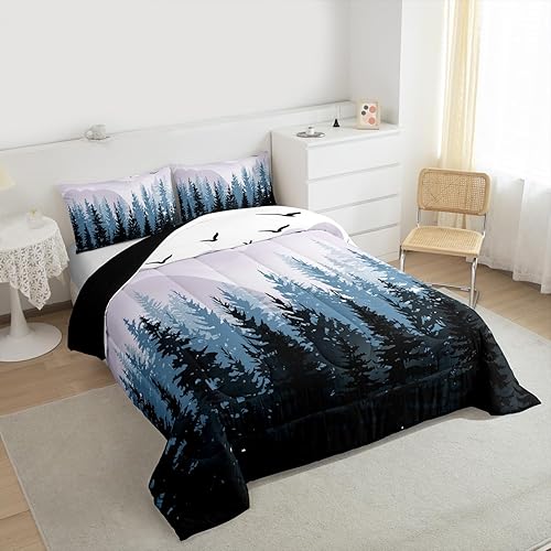 Miniatura 2 de Feelyou Juego de edredón de naturaleza para niños, juego de edredón de montaña de árbol azul y blanco, tamaño matrimonial para mujeres y hombres,