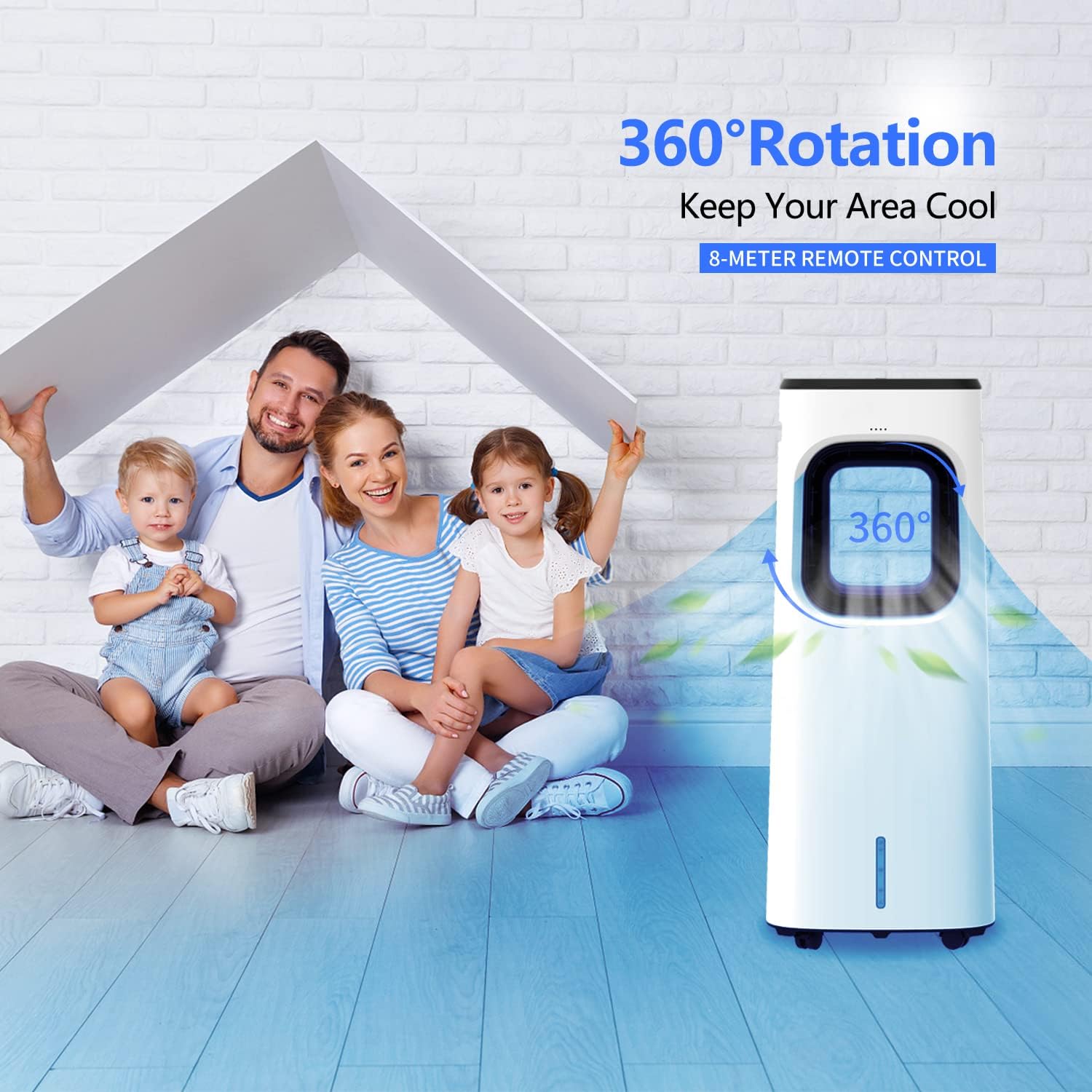 A family sitting on the floor with the SOOPYK IKT CLZ01 air cooler, illustrating its 360-degree rotation feature for wide area cooling.