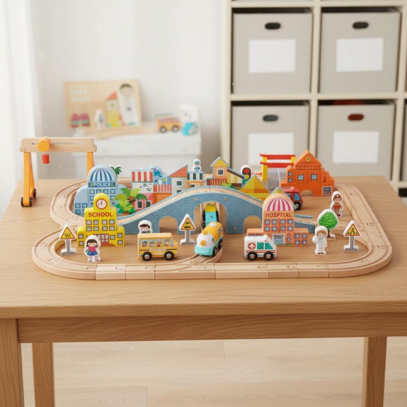 Colcolo Children Building Blocks Treno Giocattolo Binari Legno Città Modulabile con Ponti Segnali Stazione Edifici Figure Legno Resistente con Treno Elettrico