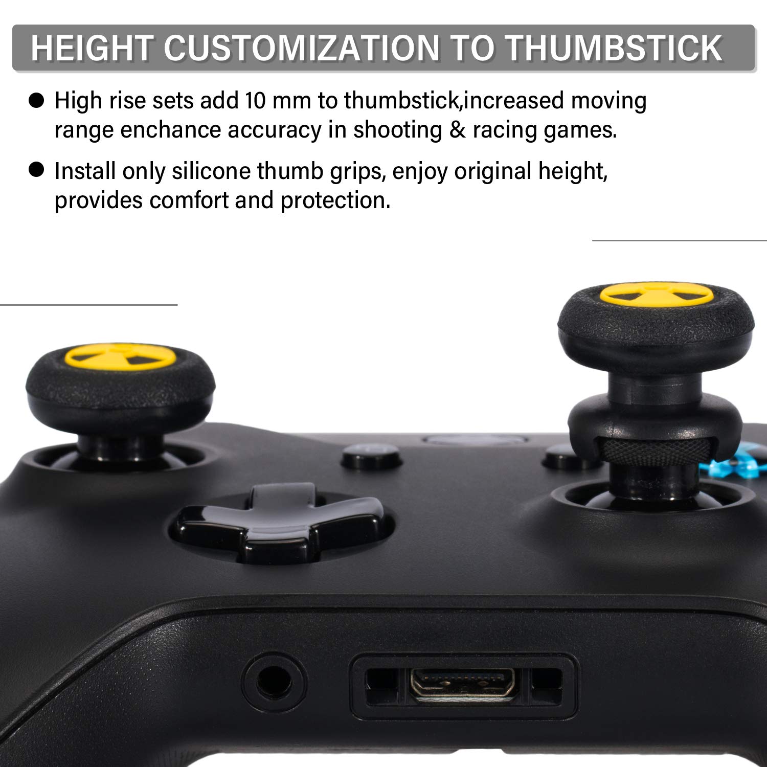 Playrealm FPS Thumbstick Extender x 2 & Baskı Kauçuk Silikon Kavrama Kılıfı x 4 Xbox Serisi X/S ve Xbox One Kumandası için (Yol Siyah ve BiyoH Kırmızı)
