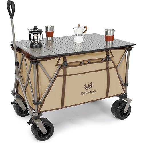 Whitsunday Collapsible Heavy Duty Wagon with All Terrian Wheel, 440Lbs Foldable Utility Camping Park Wagon Cart with Table & Shovel for Beach