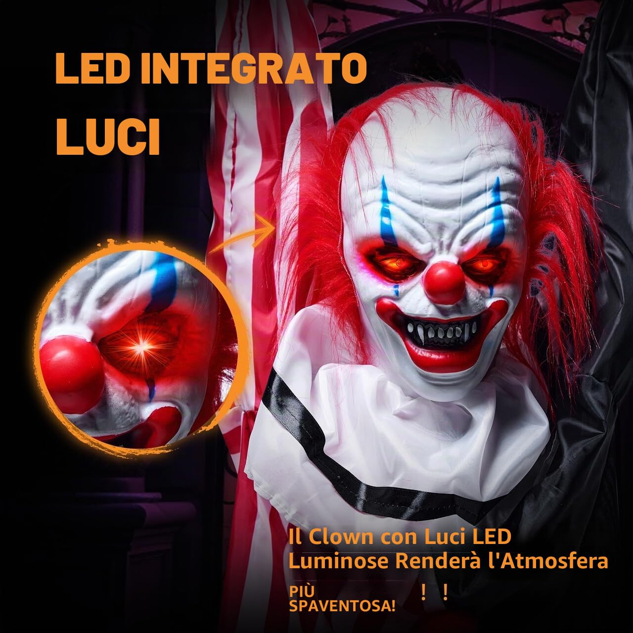 JOYIN Decorazione animatronica da appendere a forma di clown di Halloween, con catena, 165 cm, spaventoso clown con movimento, luce e suono (attivato dal suono), decorazione animata per cortile