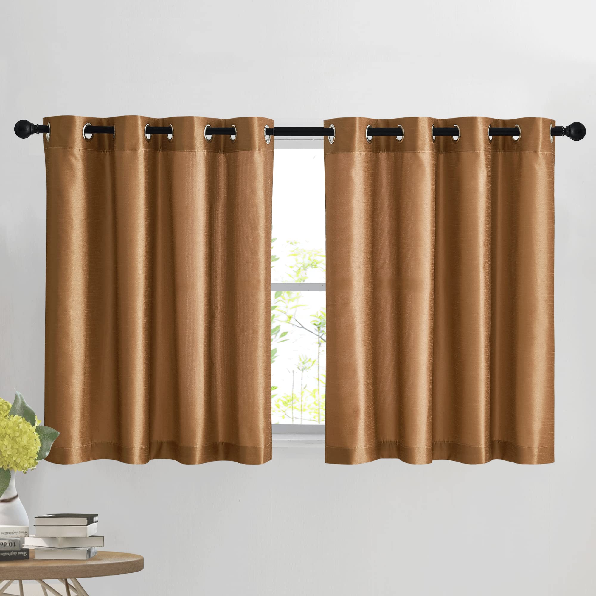 NICETOWN Short Curtains for Small Window, Natural Linen Textured Light Filtering Country Grommet Tiers for Home Decor, 52 inch Wide x 36 inch Long, Brown, 2 Panels