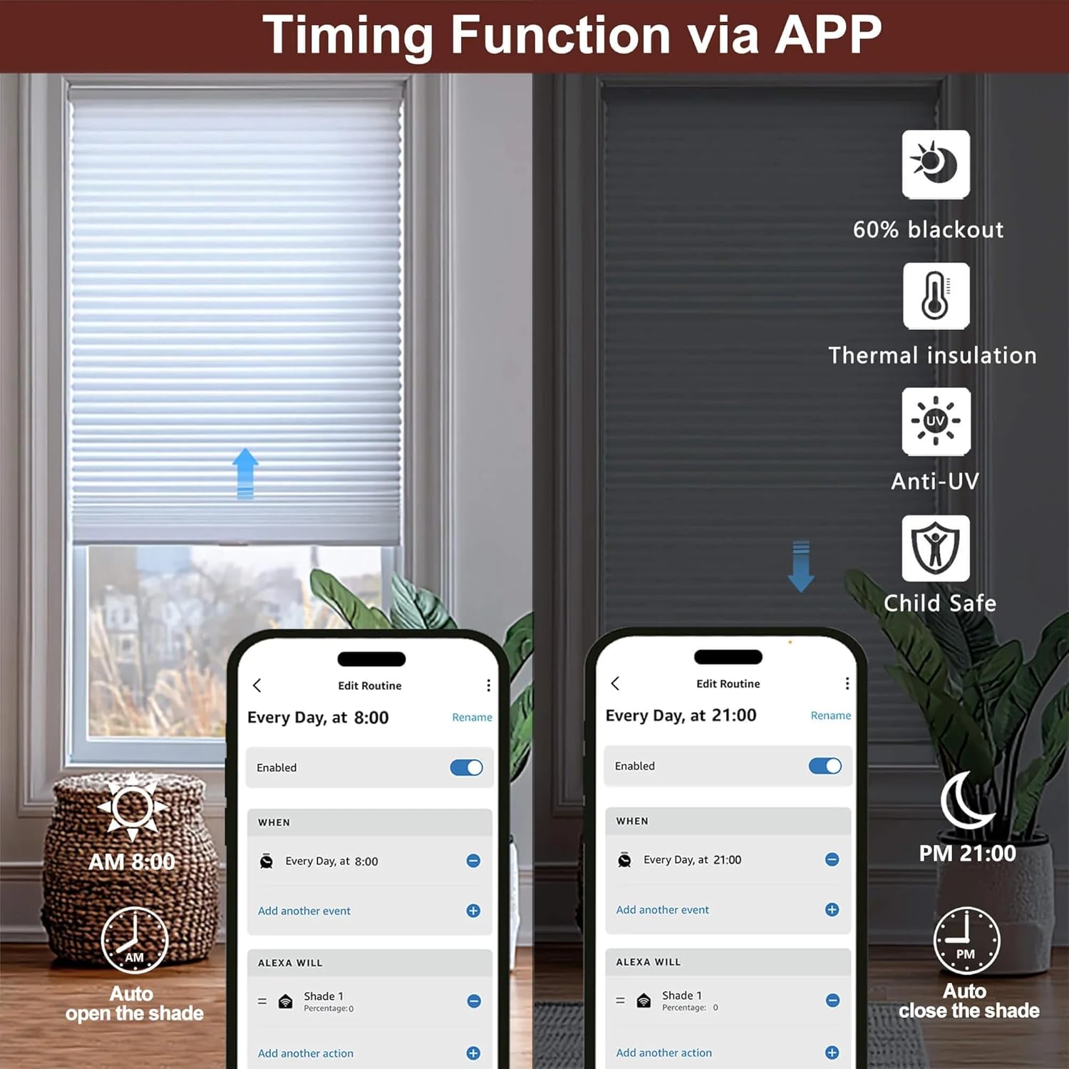 Bringnox Smart Motorized Cellular Shades,with Google Home and Alexa Via HUB,and Customized(Filtering Grey-104, Light Filtering)
