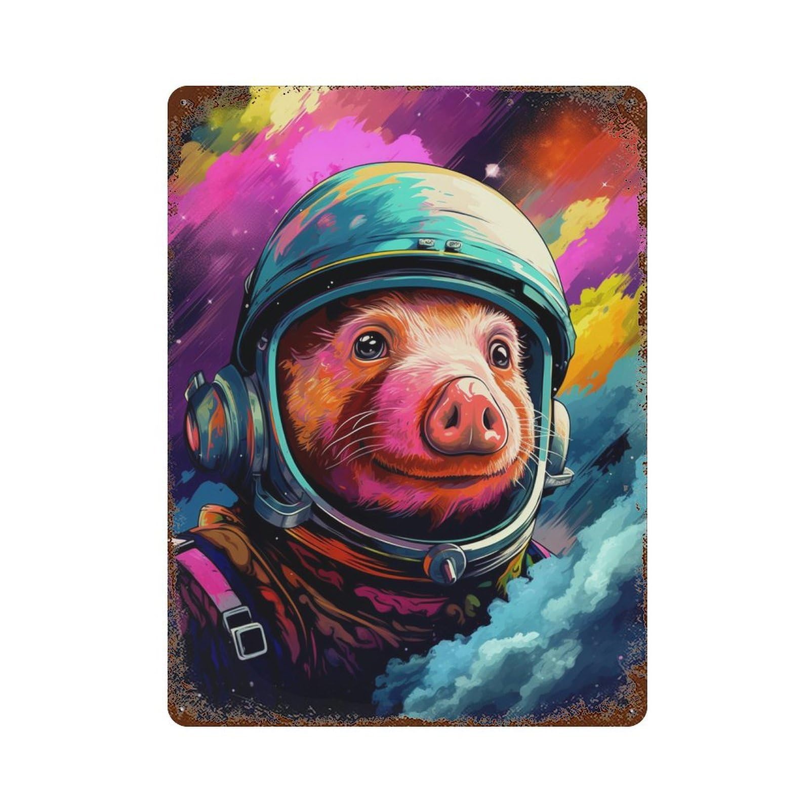 Rust Effect Pig Astronaut Space Suit-3 Rusty Metal Tin Sign 15.7"x11.8", Decorative Metal Wall Art for Farmhouse, Kitchen And Entryway Decor
