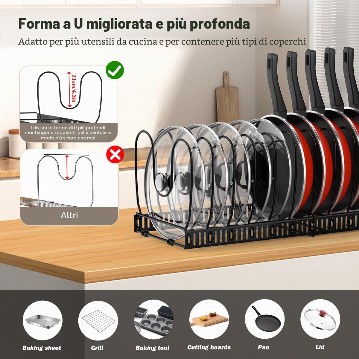 Housolution Porta Pentole e Padelle da Cassettone, Espandibile Porta Coperchi Pentole con 14 Scomparti Regolabili, Organizer Coperchi Pentole e Padelle per Cucina, Nero