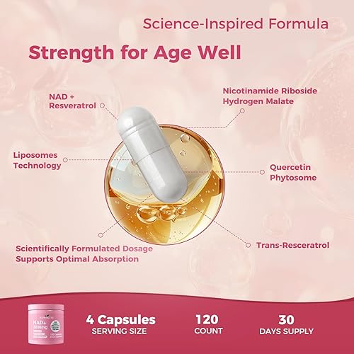 Vista 4 de Cápsulas de suplemento NAD+, botella de 120 unidades porción de 2 cápsulas, NAD+, resveratrol, CoQ10, PQQ, quercetina, melena de león y extracto