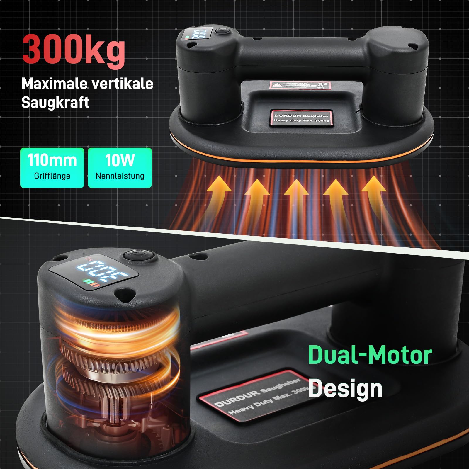 DURDUR 300KG Akku Vakuum Saugheber,9.4 Zoll Akku Saugheber für Fliesen,Glas, Marmor Elektrischer Saugheber Fliesenheber Mit Auto-Nachsauge-Funktion[2 Motoren 2 * 2000 mAh Akku]