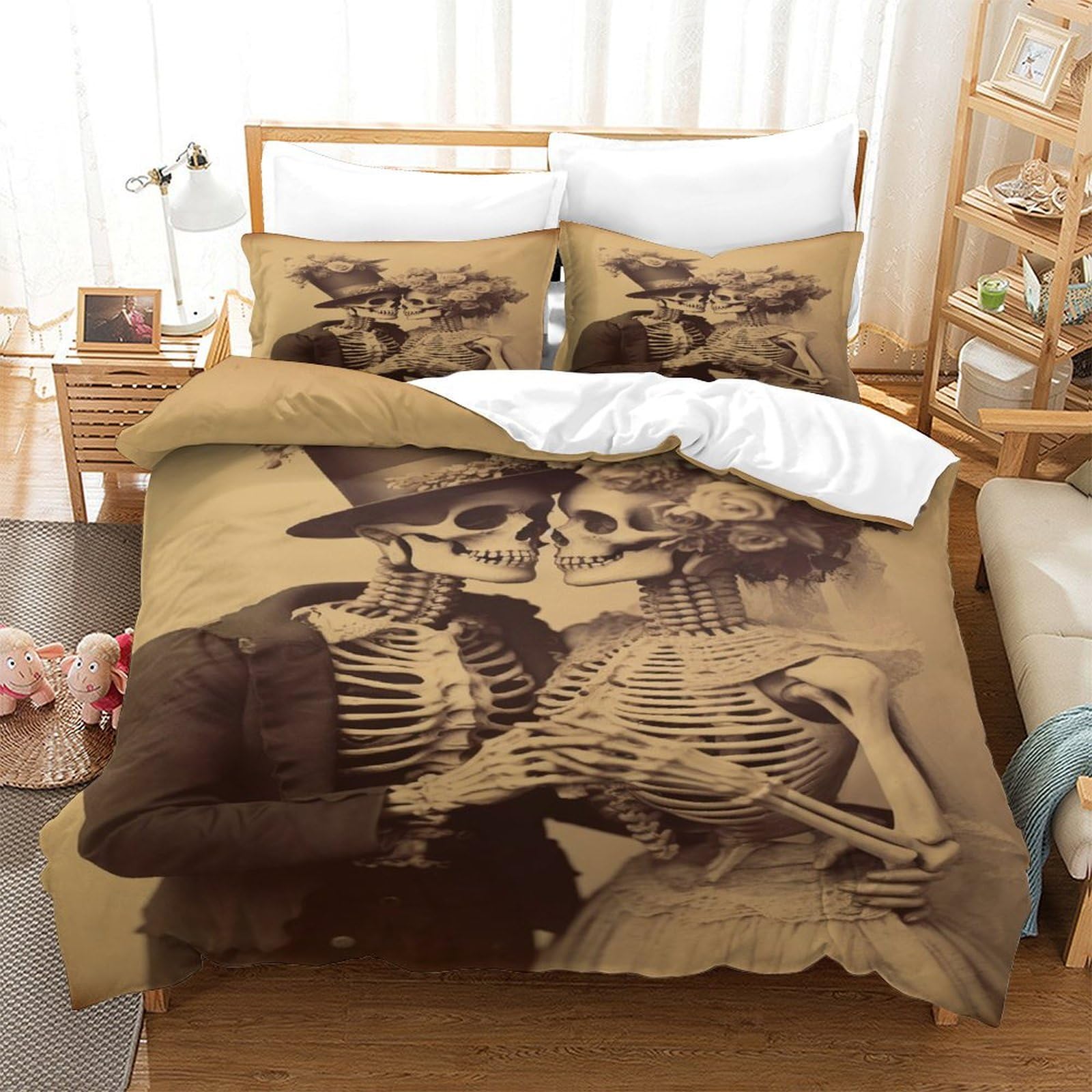 P1S9U7W5Y Vintage Couple Skeleton 3D Printed Duvet Cover Set 3pcs Microfiber Skeleton Bedding Set Double