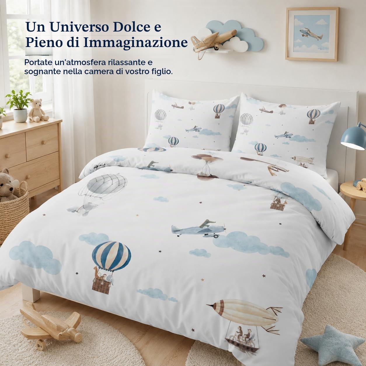 Mongolfiera Copripiumino Una Piazza e Mezza Aereo Set Biancheria da Letto in Microfibra di 3 Pezzi, 1 Parure Copri Piumone 200x200 con 2 Federe 50x80 cm con Cerniera