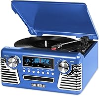 Vista 6 de Victrola Haley - Tocadiscos retro con Bluetooth y centro multimedia con altavoces integrados - Tocadiscos de 3 velocidades, reproductor de CD, radio
