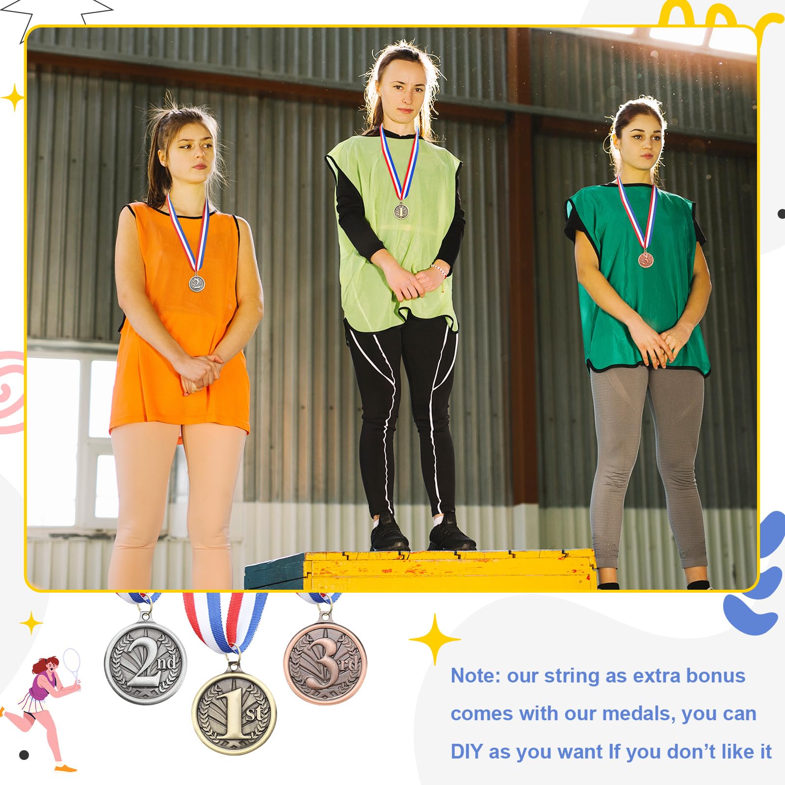 RoundFunny Medallas de premio para el ganador de premios, medalla de oro, plata, bronce con cinta para el cuello, premio trofeo para competiciones deportivas, fiestas, 5 cm