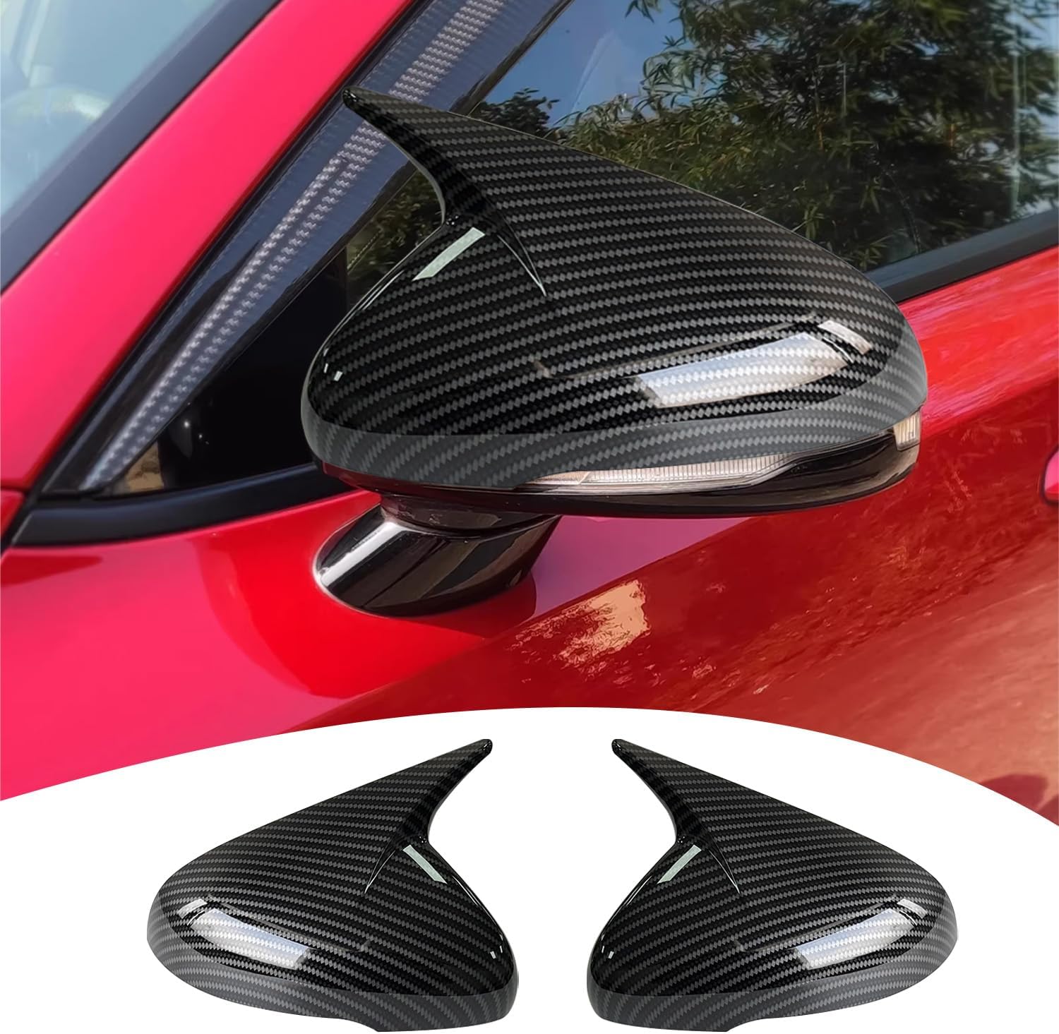 Compatible with Kia Stinger 2017 2018 2019 2020 2021 2022 2023 2024 Accessories Car Exterior Ox Horn Design Door Side Rearview Mirror Guard Cover Trim Caps - Carbon Fiber Style 2PCS