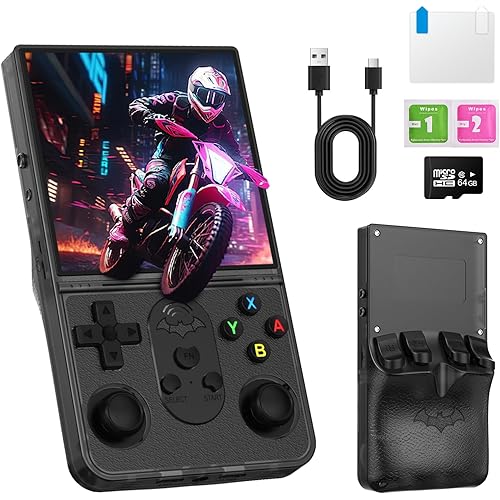 R36 PROMAX Retro Handheld Game Console,4.0 Inch Full-Lamination IPS Screen Retro Gaming Console,Linux System,Built-in 64GB Memory Retro Game Console,Portable Arcade Video Gaming Console