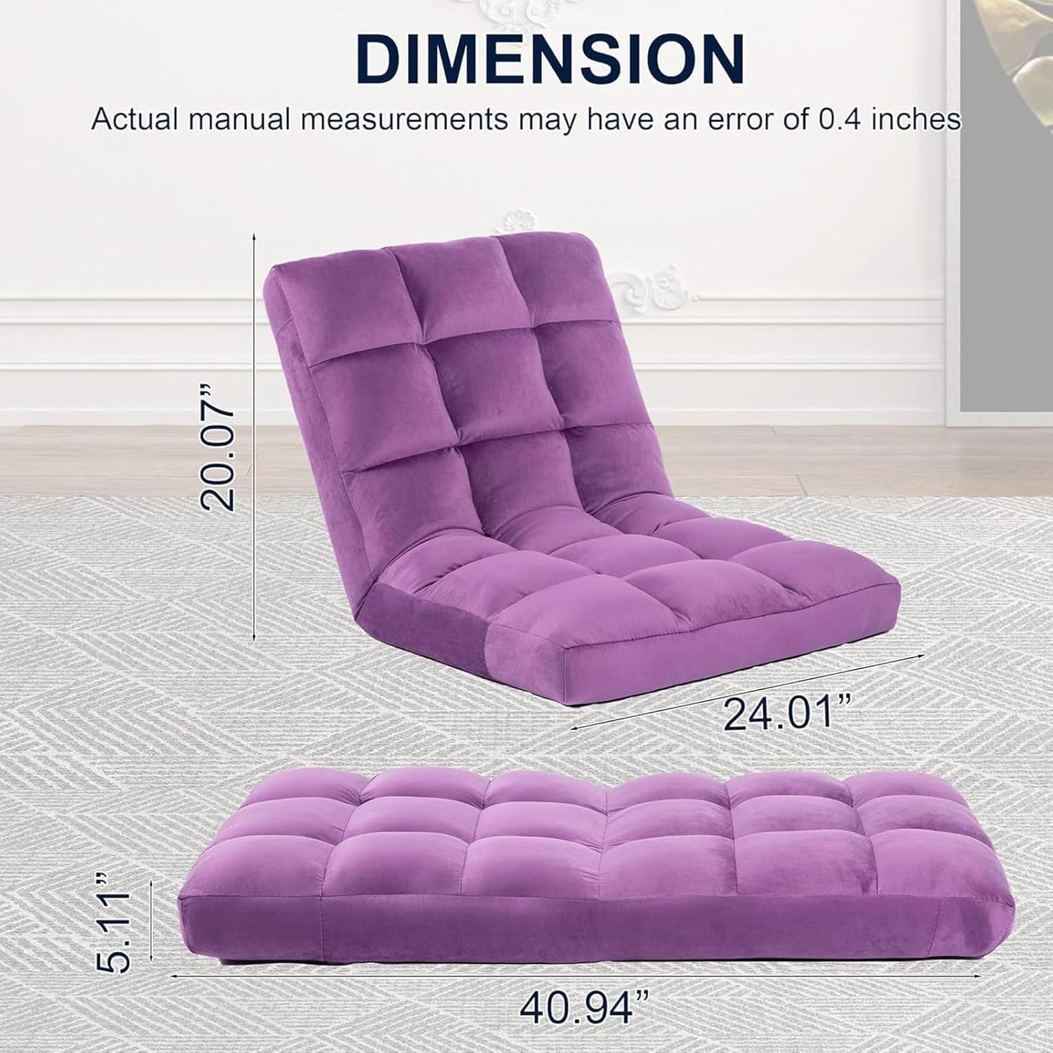 Floor Chair with Back Support and 6 Adjustable Positions Padded Sleeper Bed and Meditation Chair for Adults(Purple)