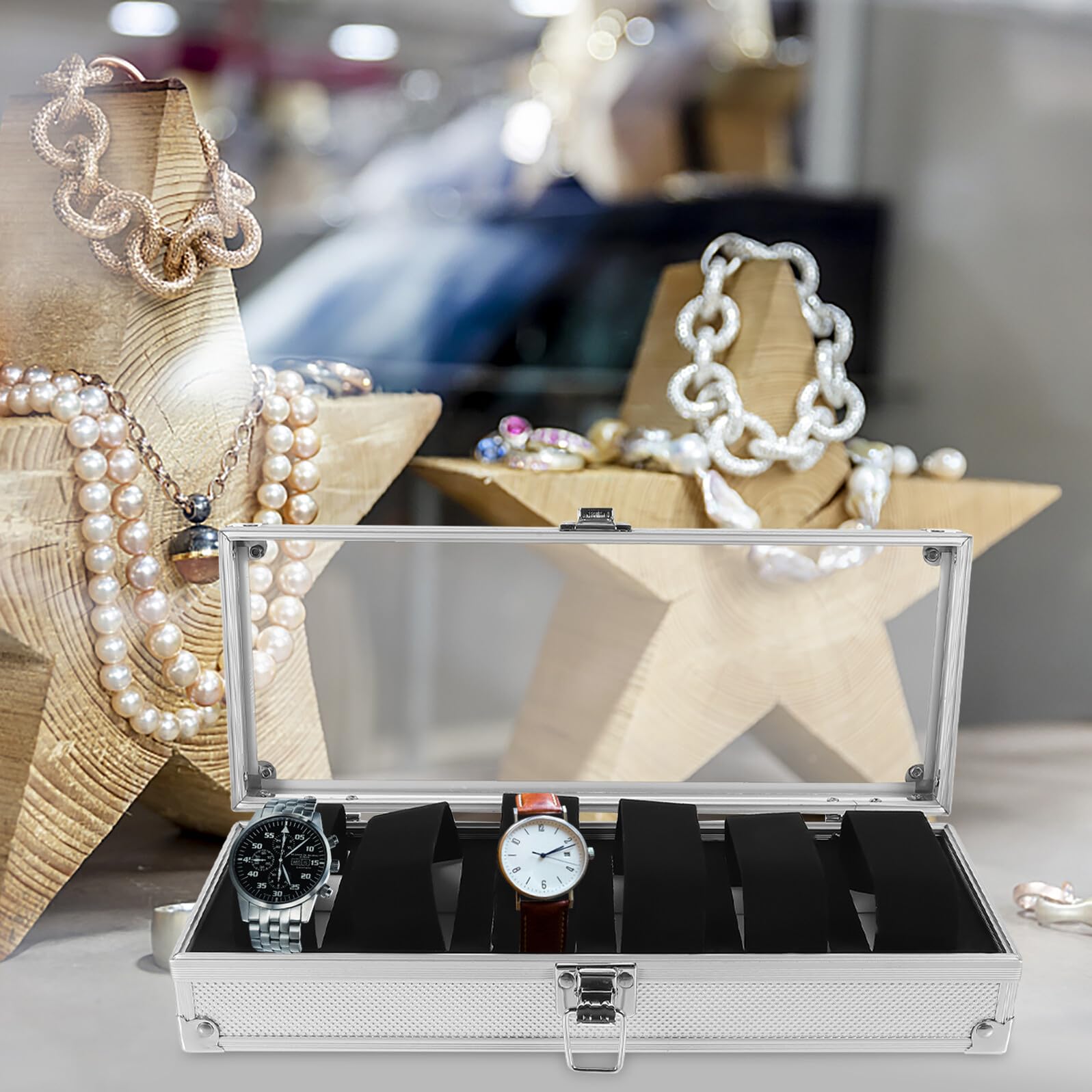GALPADA Scatola Orologi 6 Posti in Lega di Alluminio Finestra Trasparente | Organizer Portatile, Interno in Pelle Scamosciata ed Eva, per Esposizione in Negozio e Uso Personale