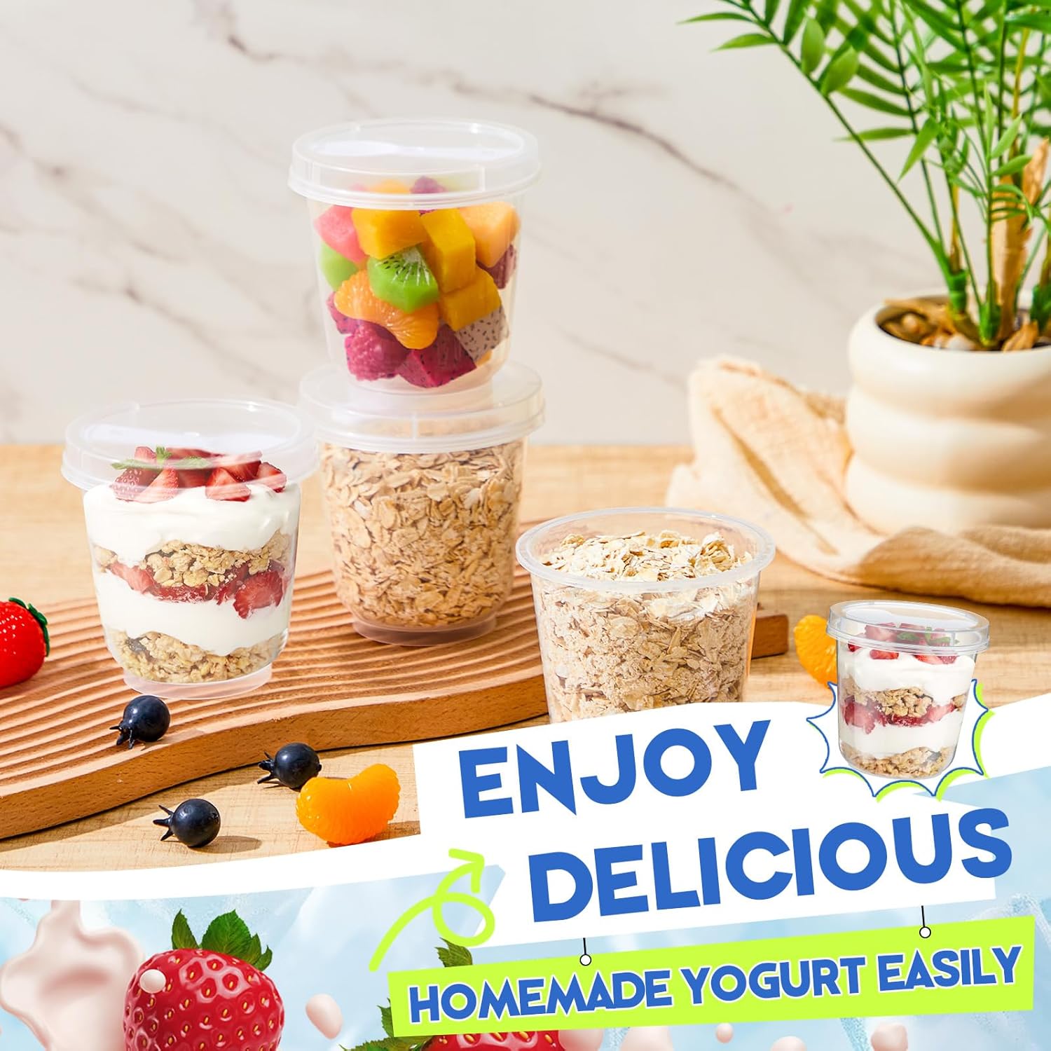 Jingmore 50 Pack 9.5oz Clear Plastic Yogurt Parfait Cups Disposable Overnight Oats Containers with Lids and Spoons Cake Fruit Jars for Food Storage Salad Ice Creams Pudding Snacks (Round Style)