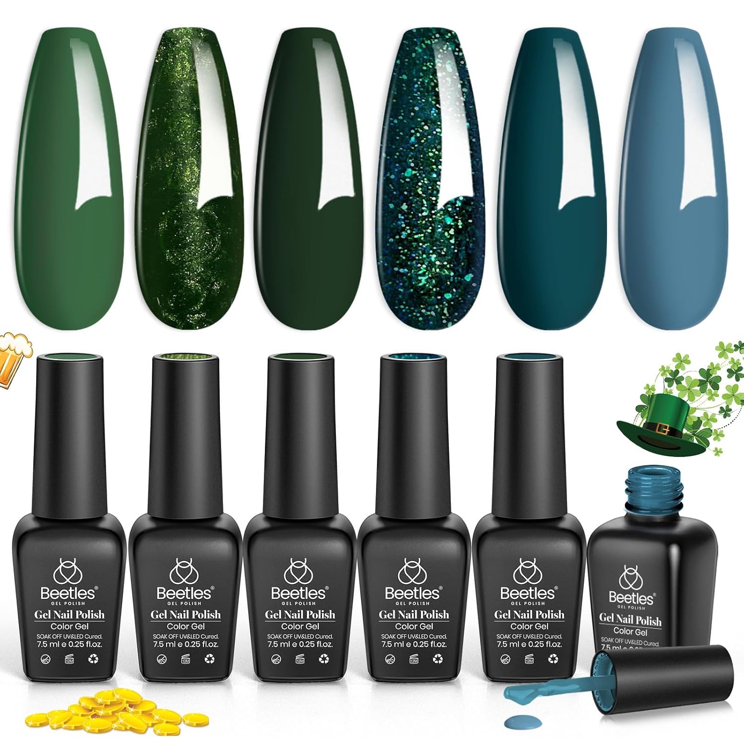 Set de 6 esmaltes de uñas gel verde oscuro Beetles