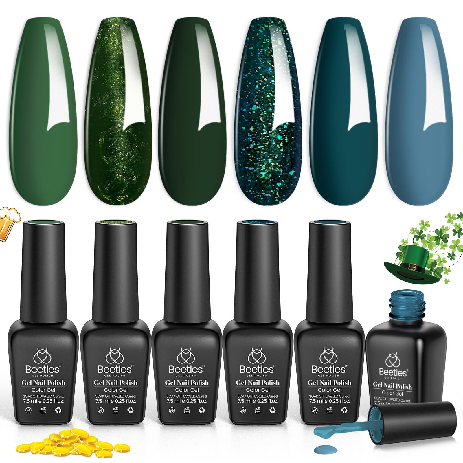 Beetles Green Gel Nail Polish Set - Boundless Forest Dark Green Gel Polish, 6 Colors Soak Off Uv LED Nail Lamp Gel Nail Kit Home DIY Manicure Nail