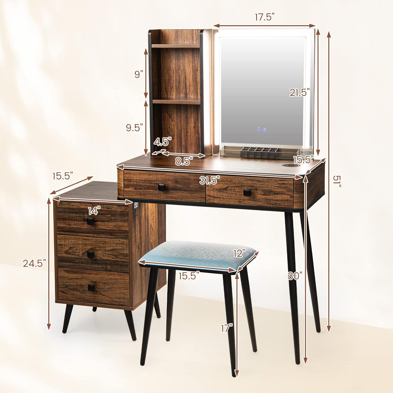 GOFLAME Vanity Table Set with 3-Color Touch Screen Dimming Mirror, Modern Makeup Table Set with Human Body Induction, 3-in-1 Charging Station, Drawers, Dressing Desk and Cushioned Stool Set, Brown