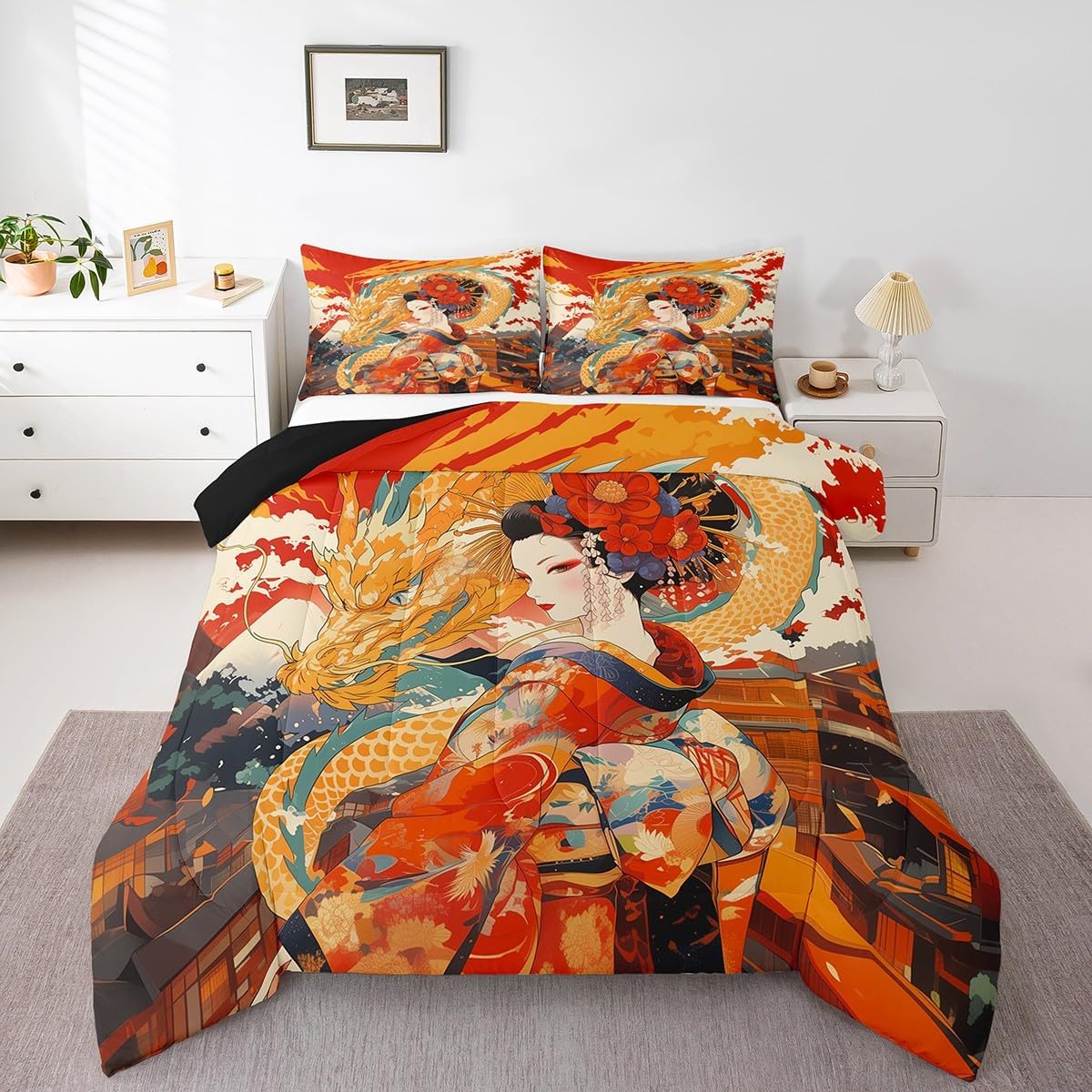 Manfei Japanese Ukiyoe Style Kids King Comforter Sets,Japanese Geishas Girls Reversible Bedding Set,Ukiyoe Dragon Wildlfie 3 Pieces Quilt Sets,Retro Tokyo City Landscape Duvet Insert,2 Pillow Cases
