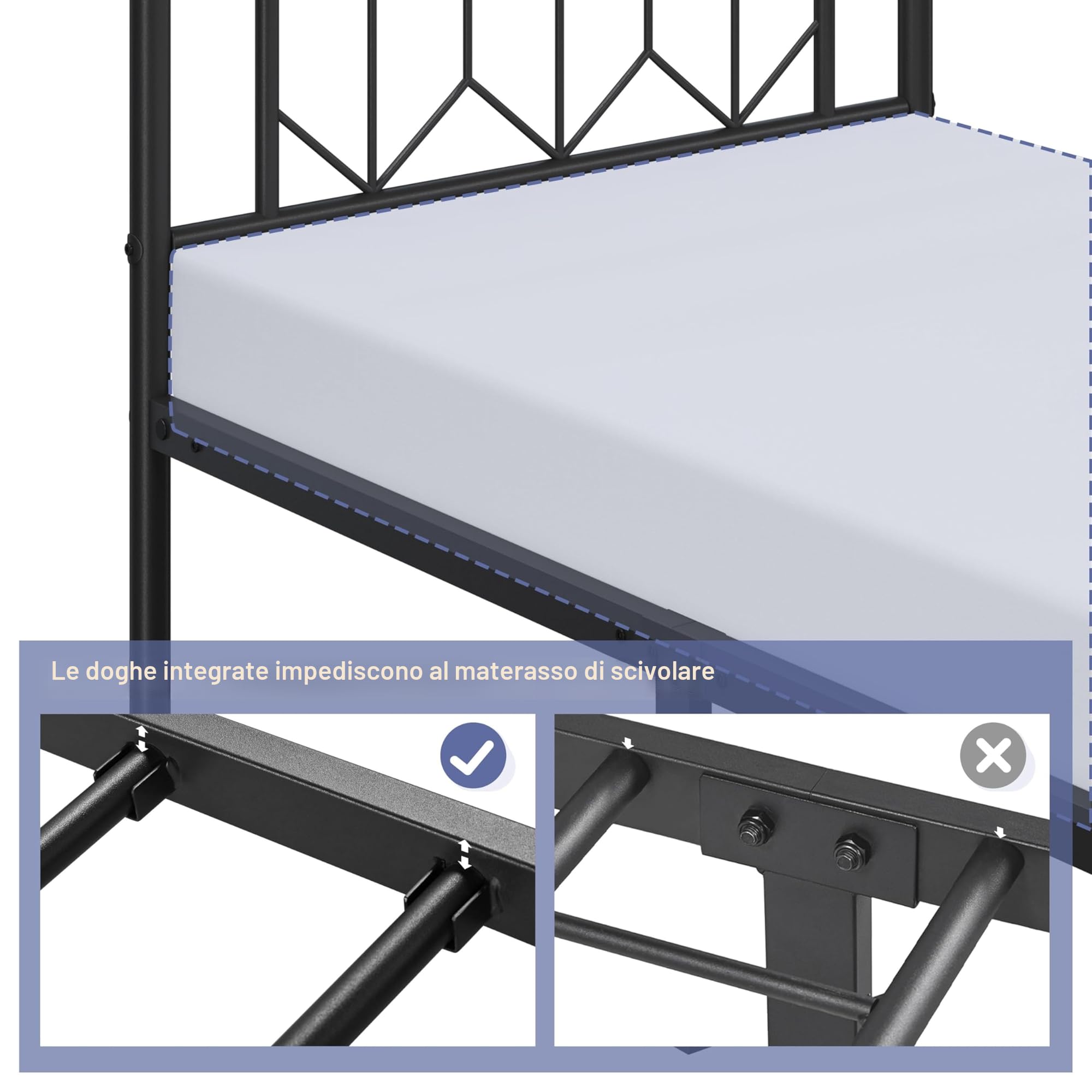 Yaheetech Struttura Letto Singolo in Ferro Battuto a Doghe Testiera a Rombi 90 x 200 cm in Metallo Camera Nero