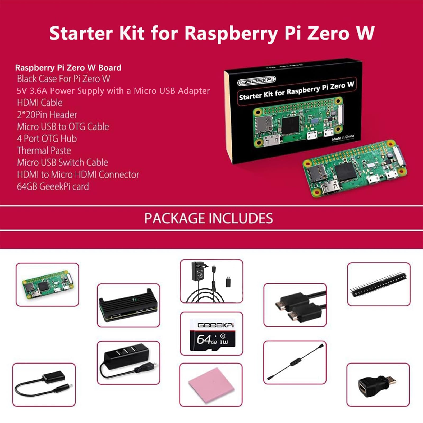 GeeekPi Zestaw startowy dla Raspberry Pi Zero W, z obudową RPi Zero W, karta SD 64GB, zasilacz, nagłówek 20Pin, adapter Micro USB do OTG, kabel HDMI, adapter HDMI, kabel przełącznik i 4 porty USB Hub