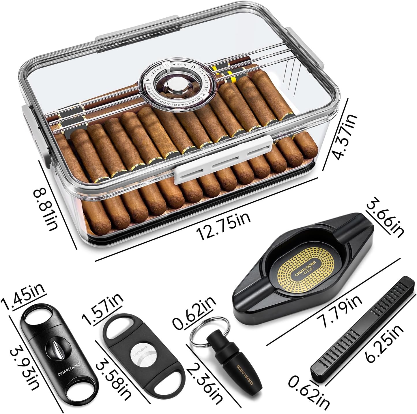 Cigar Humidor, Humidifier and Hygrometer Large Storage About 60 Cigars Humidor with 2 Cigar Cutters,Cigar Punch, Cigar Ashtray(Color:Clear）