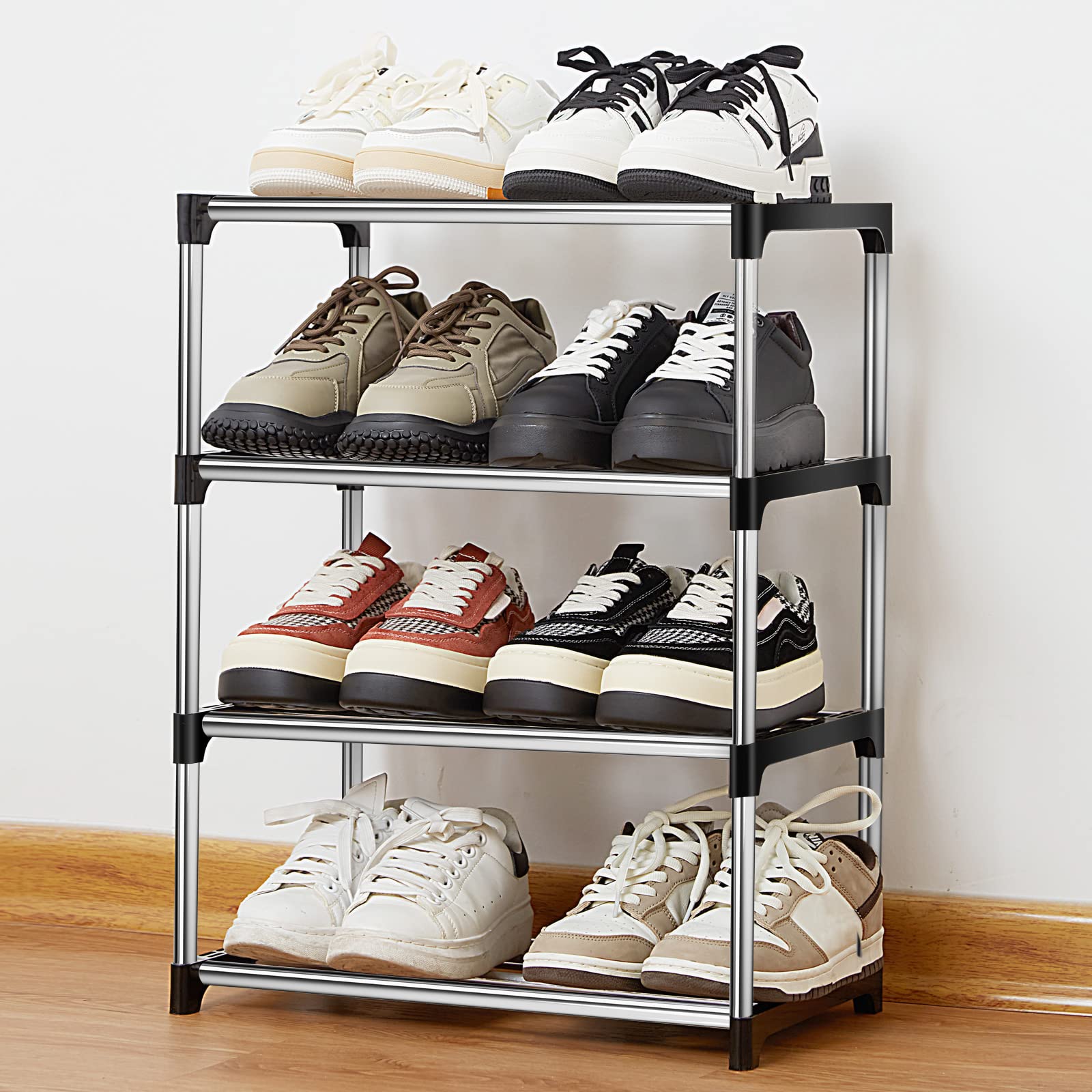 4-poziomowy stojak na buty, mały stojak na buty, metalowy organizer do przechowywania butów, wąski, można układać w stos, do przedpokoju, sypialni, szybki montaż, bez użycia narzędzi, 44 x 28 x 53 cm (4-poziomowy czarny)