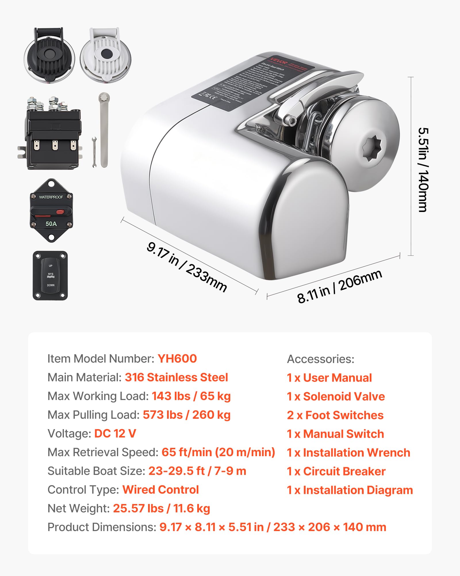 VEVOR Molinete de Ancla Eléctrico de 12 V CC, 600 W, para Cadenas de 6,35 mm y Cuerdas de Nailon de 14 a 16 mm, Carga de Tracción de 260 kg, para Embarcaciones de 7 a 9 m, 233 x 206 x 140 mm