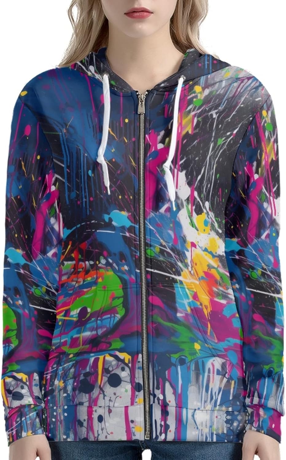 Irisjudy Island Tribal Zipper Women Hoodies with Pocket, Leopard Print,Music Notes Plus Size Hooded Sweatshirt Sport Coat image 2