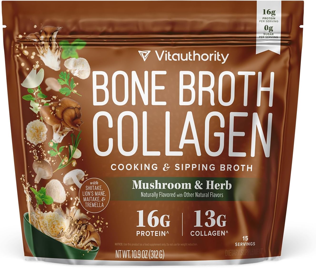 Bone Broth Collagen Powder 16g Collagen Protein per Serving Supports Joints Skin Nails & Gut Health Made from Real Beef Bone Broth Savory Collagen for Soups & Stews Mushrooms Herb Flavored 15 Servings