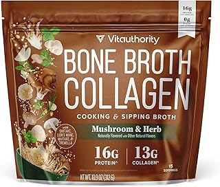Bone Broth Collagen Powder 16g Collagen Protein per Serving Supports Joints Skin Nails & Gut Health Made from Real Beef Bone Broth Savory Collagen for Soups & Stews Mushrooms Herb Flavored 15 Servings
