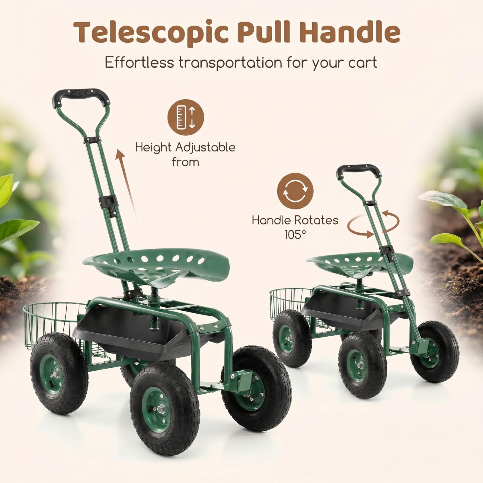 GYMAX Gartenhocker mit Rollen, Gartenwagen mit Verstellbarer Sitzhöhe, ausziehbarem Griff & Aufbewahrungskorb, Rollsitz für Gartenarbeit, Arbeitssitz Gartensitz Grün