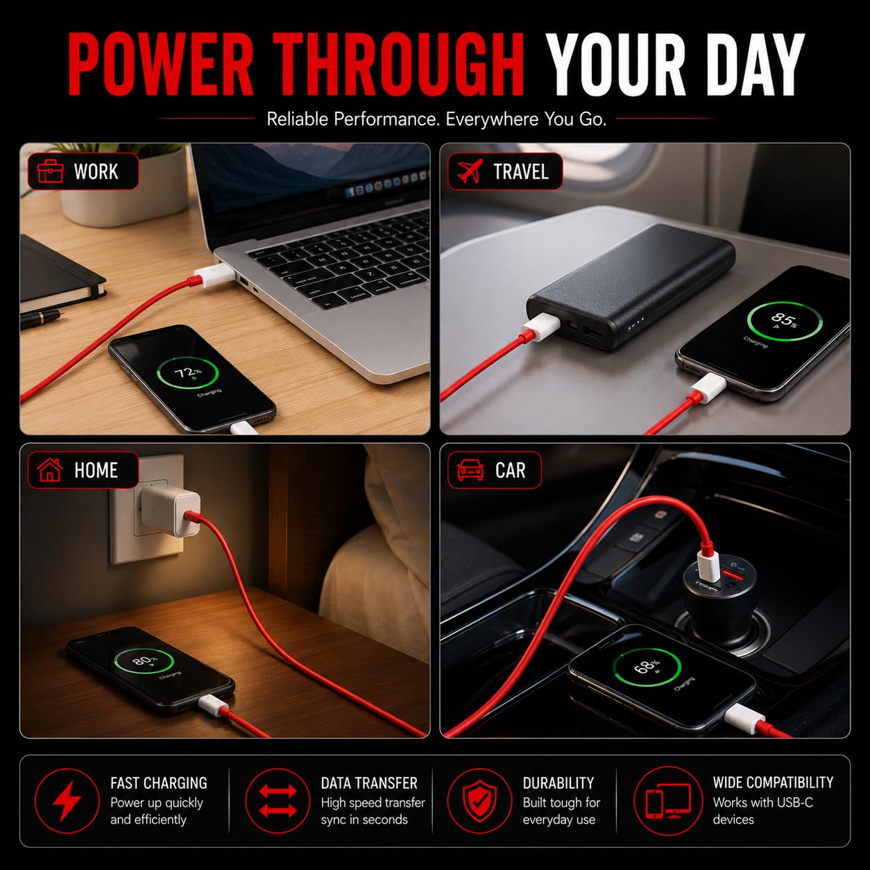 Maxonar 100W Fast Charging USB-C Cable (Red) -8