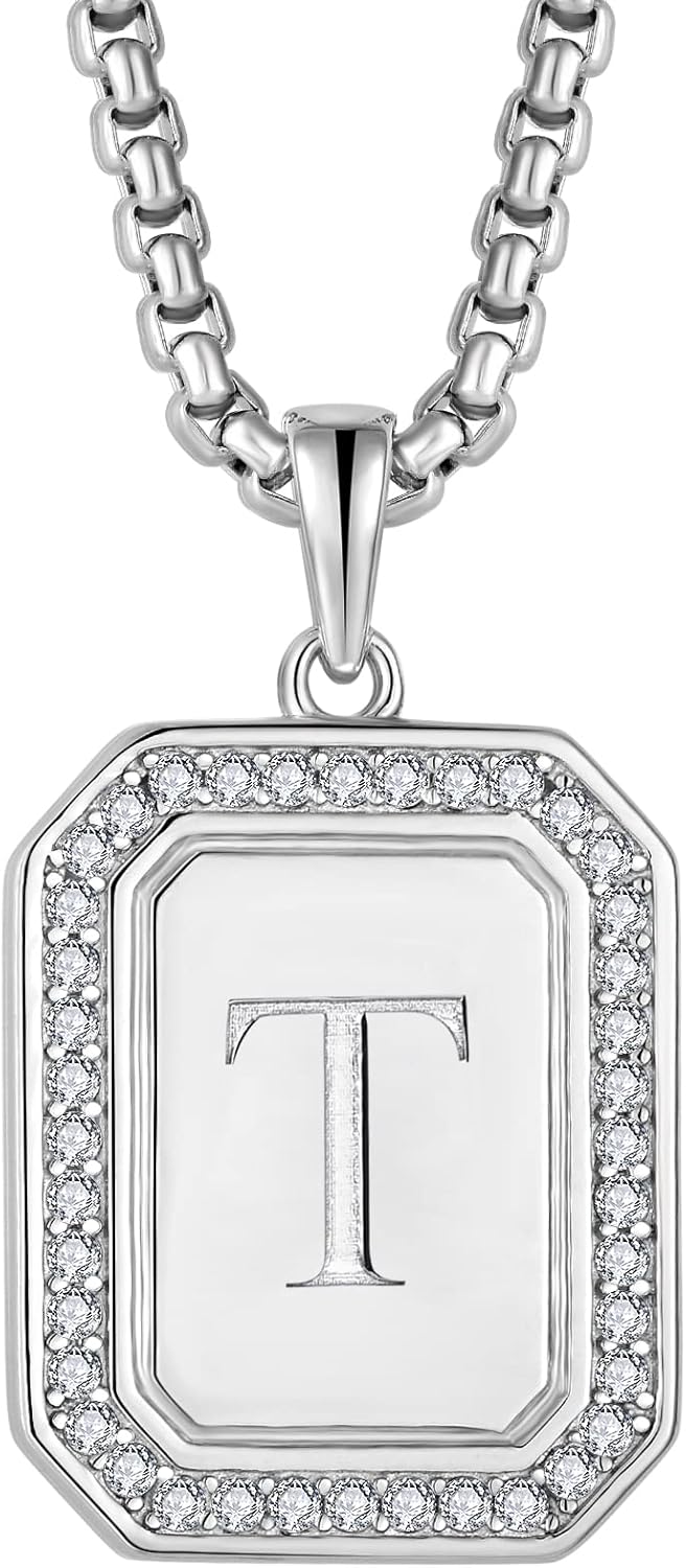 Mens Womens 925 Sterling Silver A-Z Initial Necklace, Cubic Zirconia Dog Tag Pendant Necklace for Men, 24" Rolo Chain Initial Jewelry