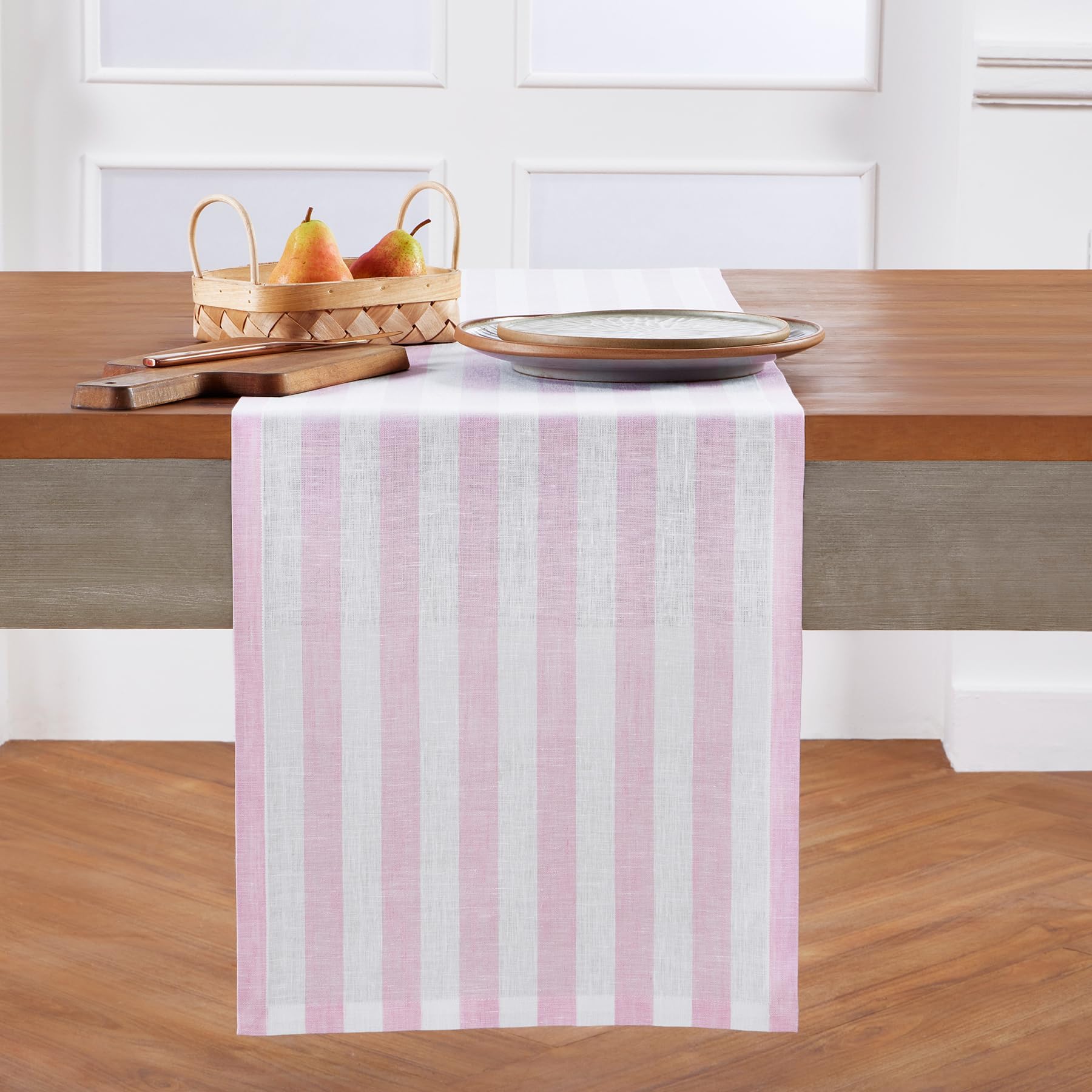 Solino Home Linen Table Runner 36 Inches - Sorrento Stripe 100% Pure Linen Pink and White Farmhouse Table Runner 14 x 36 Inch Ideal for Dresser and Coffee Tables, Valentines, Spring, Easter