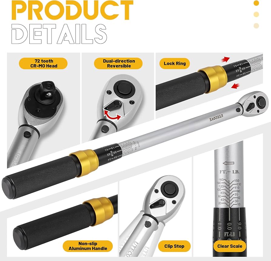 Amazon.com: UYECOVE 1/2-Inch Drive Click Torque Wrench Set, 10-160